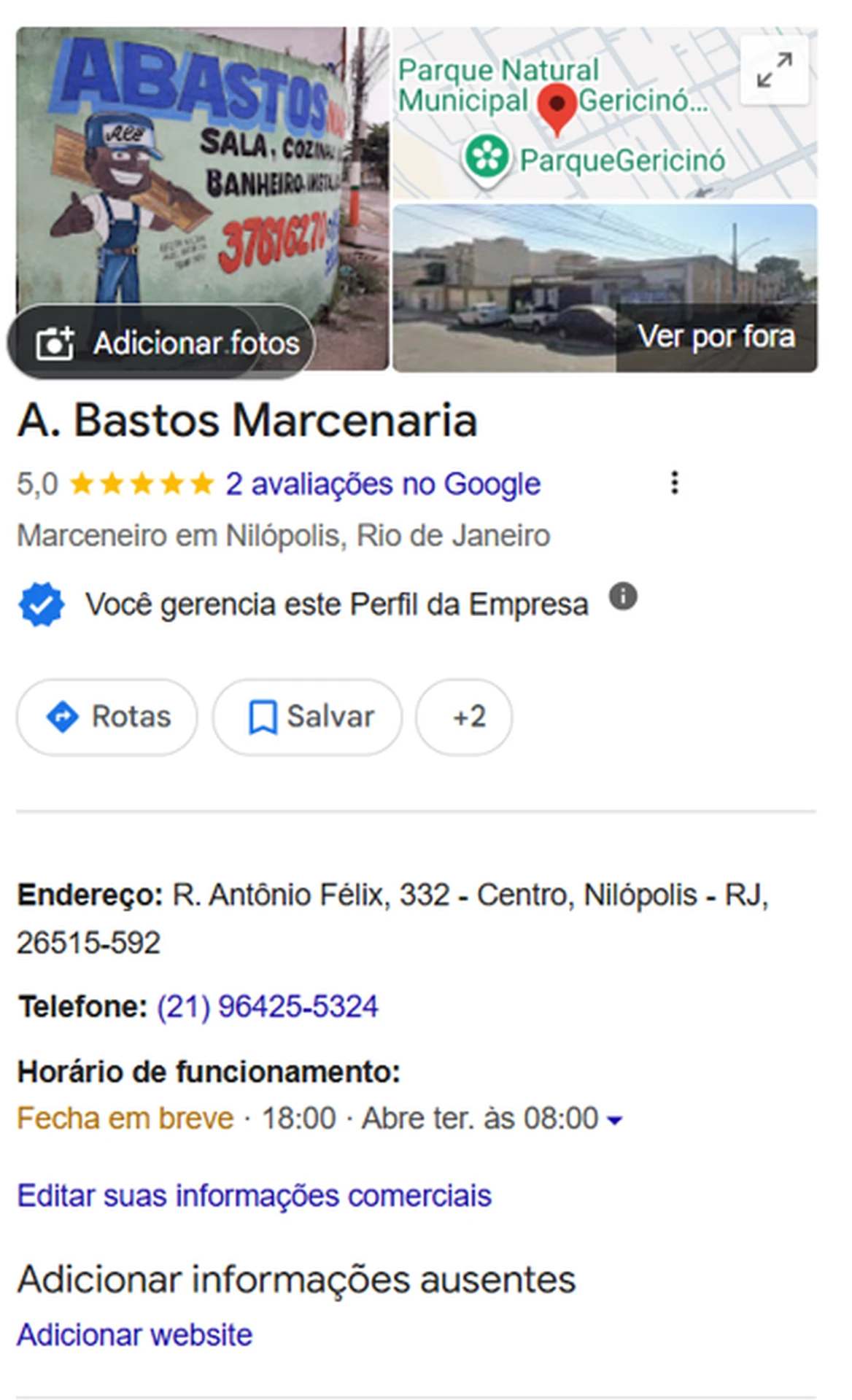 Perfil básico da A Bastos Marcenaria no Google com informações limitadas