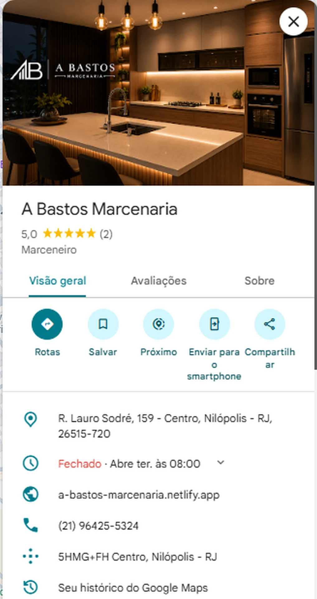 Perfil organizado da A Bastos Marcenaria com galeria de projetos e site