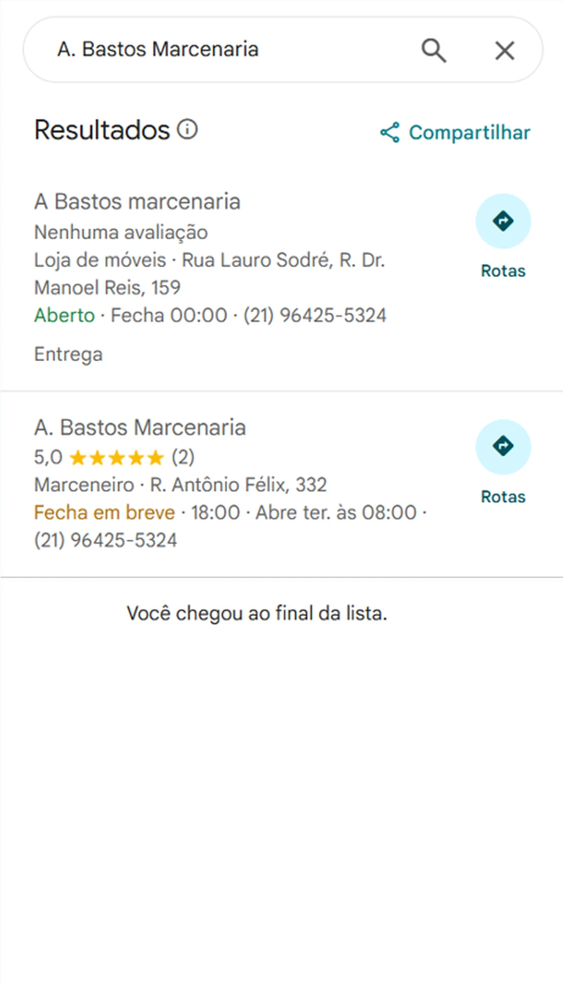 Duplicidade de perfis da A Bastos Marcenaria no Google