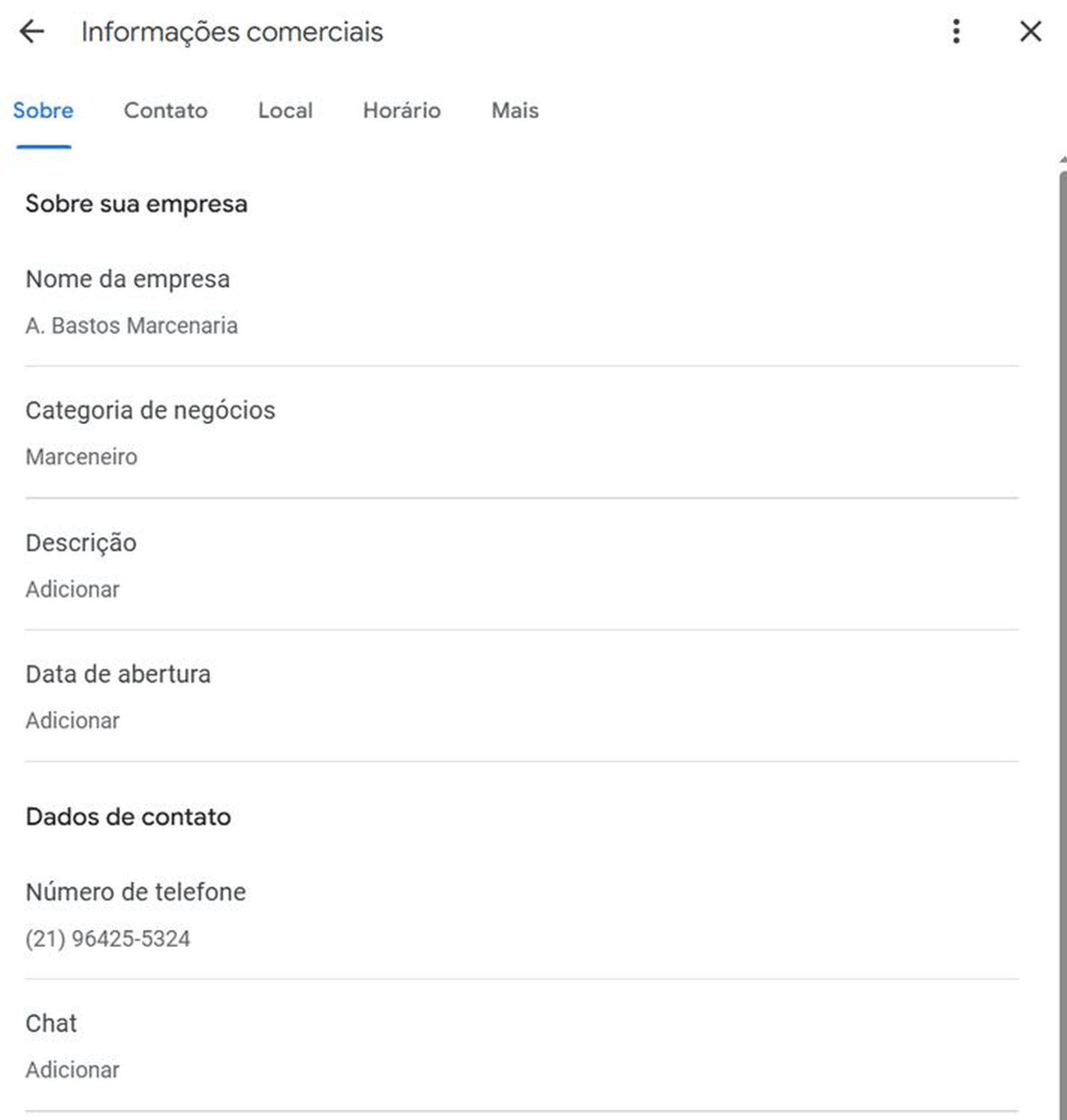 Campo de descrição da empresa vazio no perfil do Google