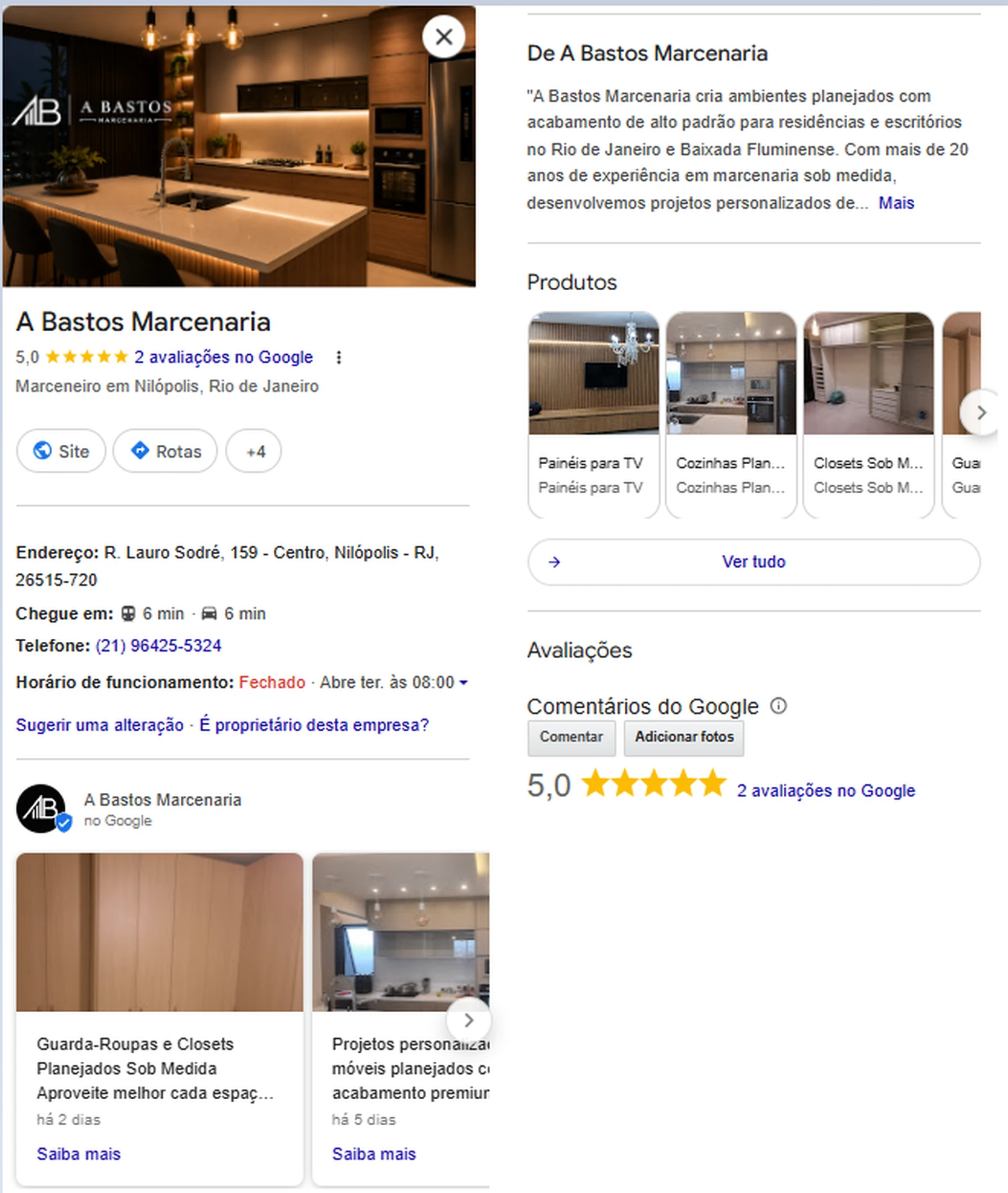 Visão geral do perfil da A Bastos Marcenaria no Google após a organização