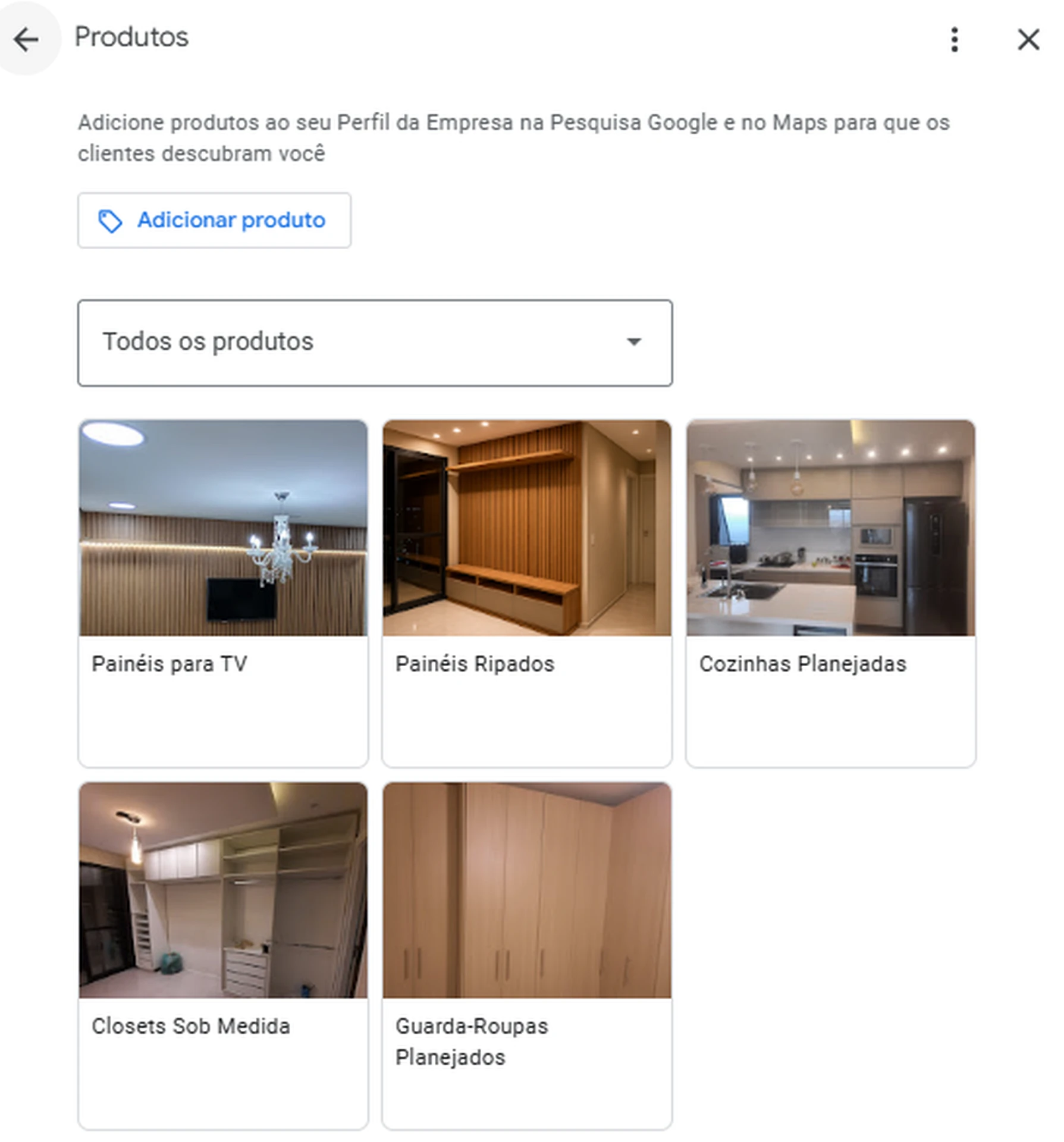 Produtos cadastrados no Perfil da Empresa da A Bastos Marcenaria