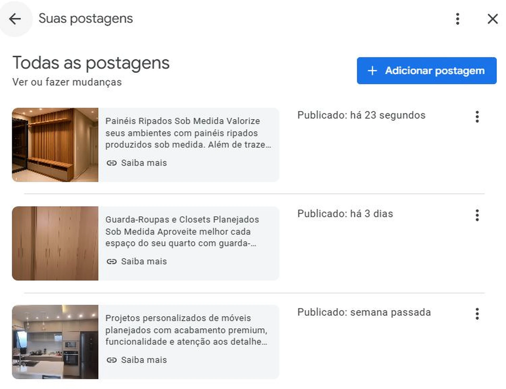 Publicações realizadas no Perfil da Empresa da A Bastos Marcenaria