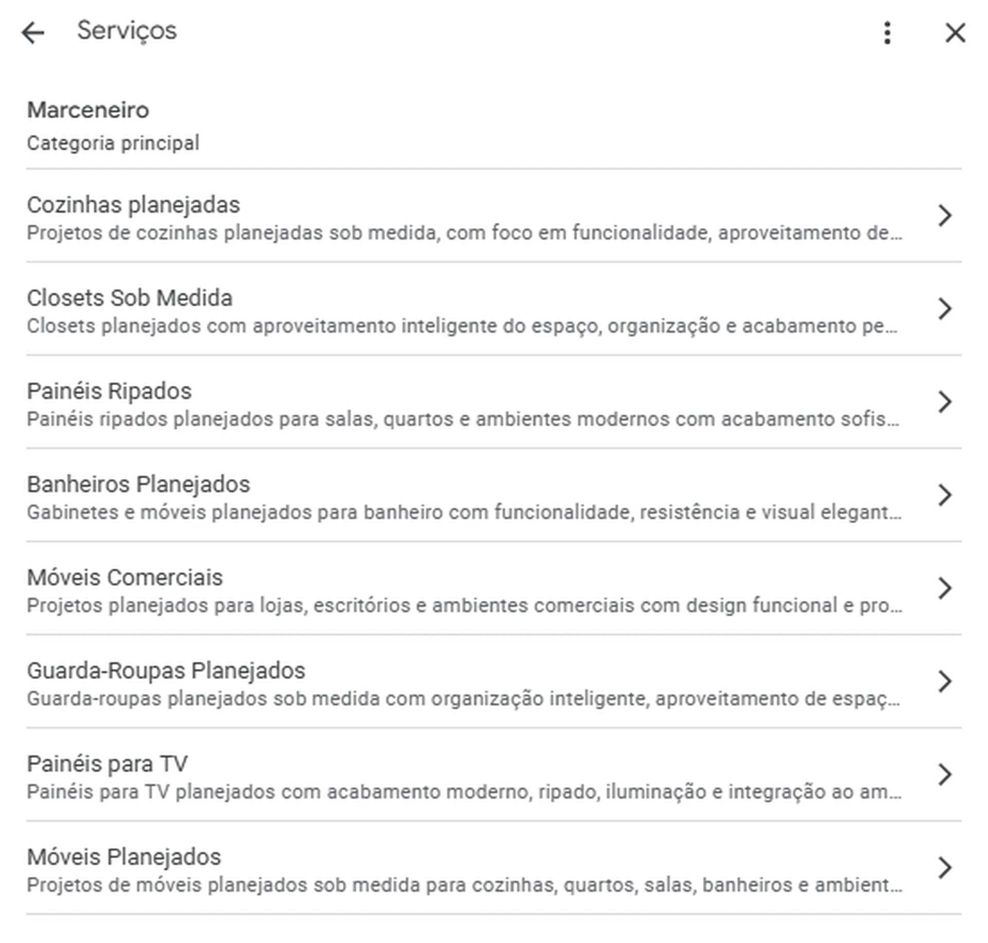 Serviços cadastrados no Perfil da Empresa da A Bastos Marcenaria