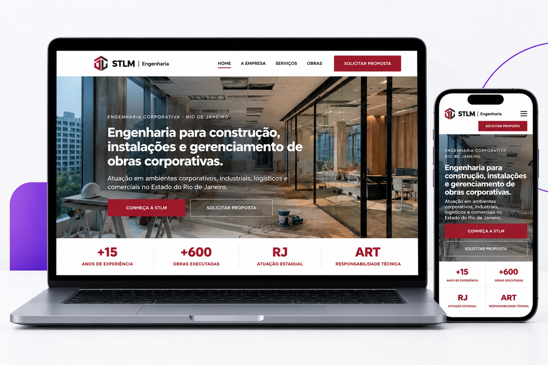 Site da STLM Engenharia em notebook e celular, desenvolvido pela DaiSystems