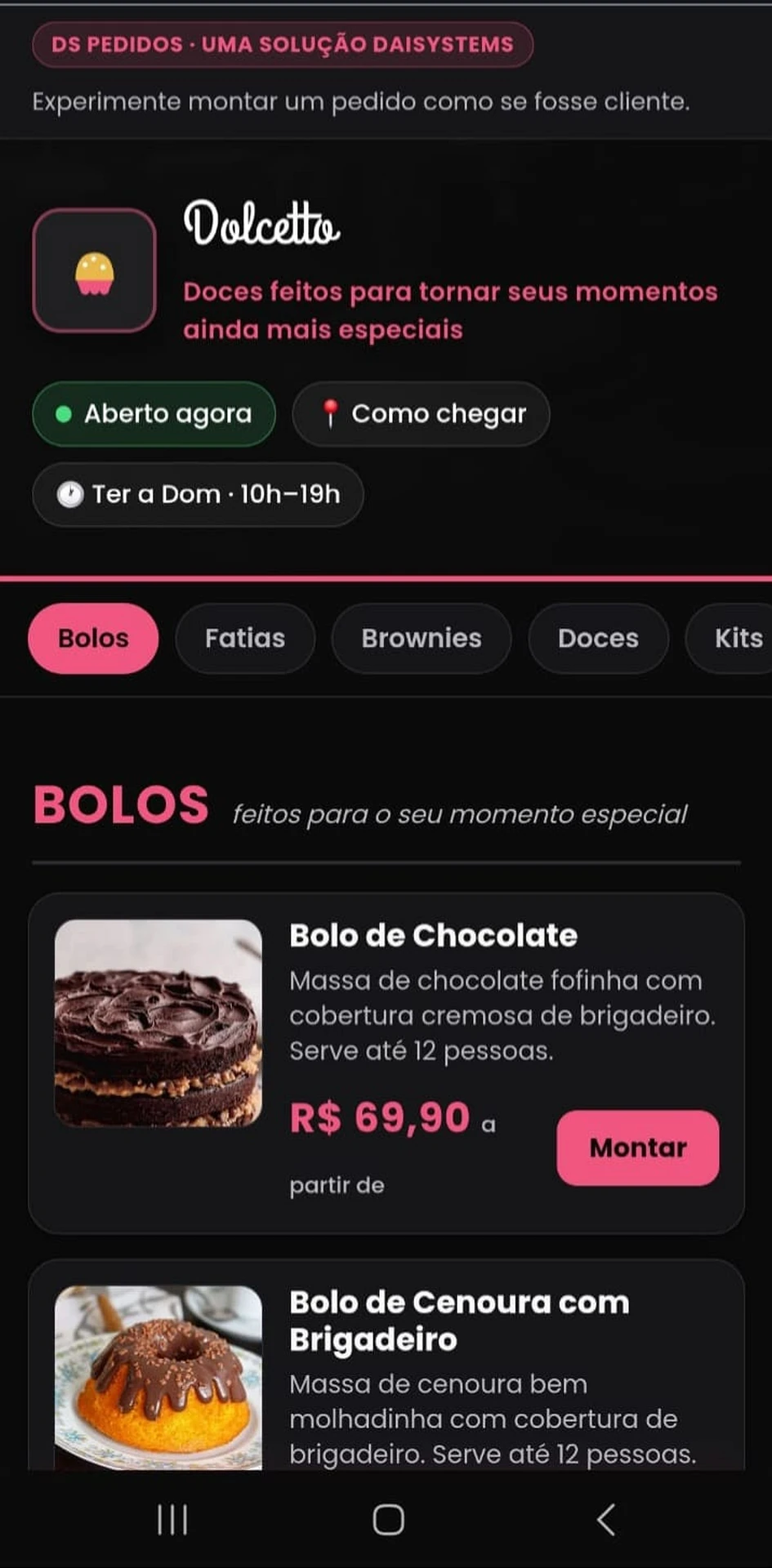 Tela do cardápio digital do DS Pedidos mostrando categorias, produtos, preços e o botão Montar