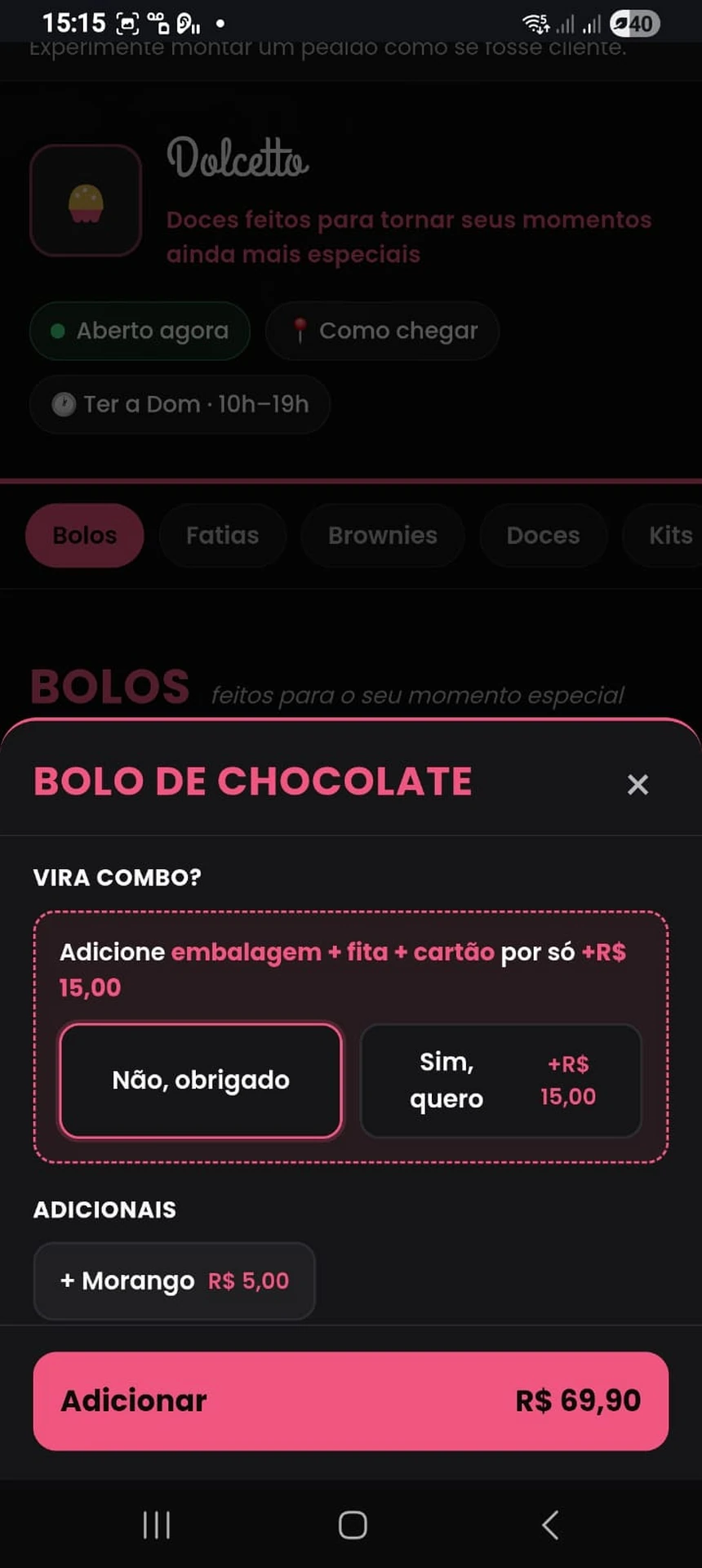 Tela de montagem do pedido do DS Pedidos com a pergunta Vira combo? e opções de adicionais