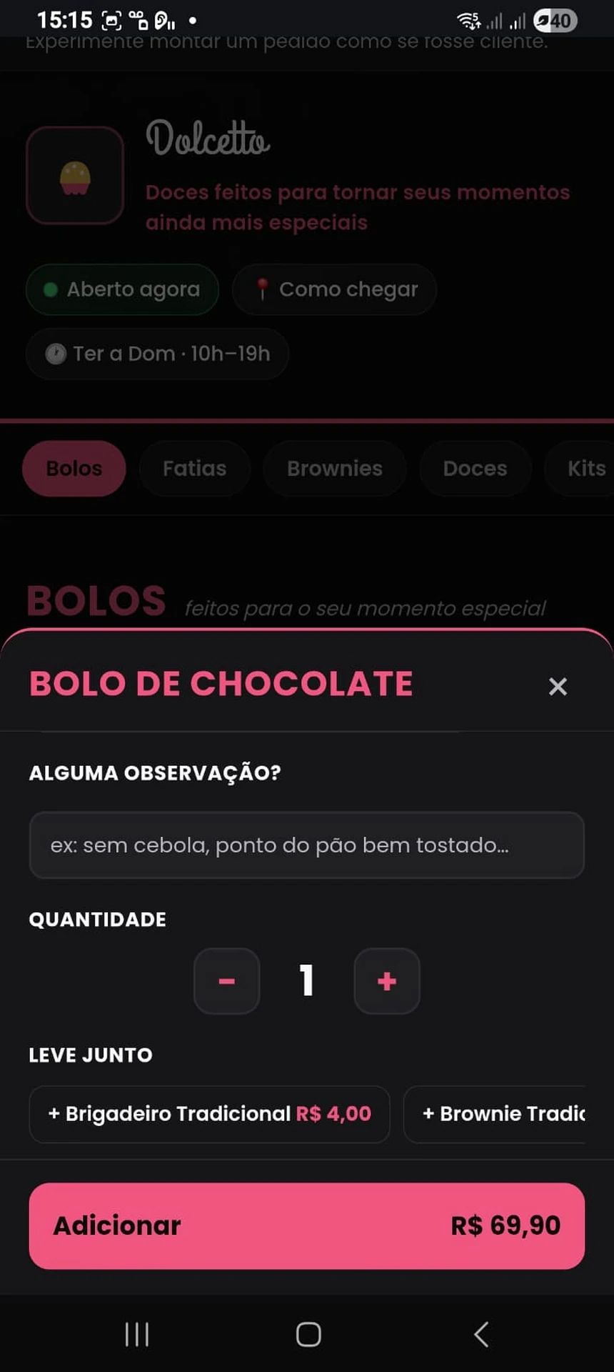 Tela de montagem do pedido do DS Pedidos com campo de observação, quantidade e a opção Leve junto