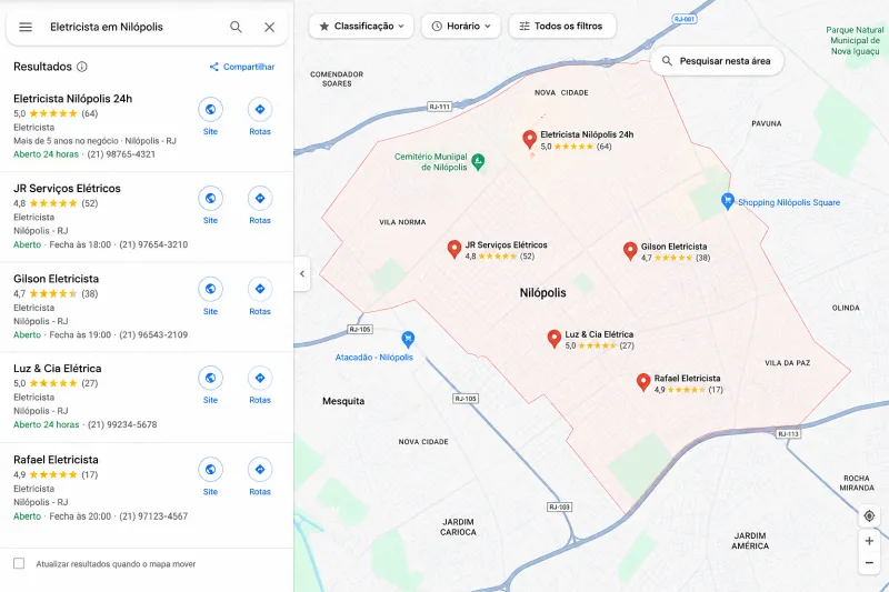 Busca no Google Maps por eletricista em Nilópolis