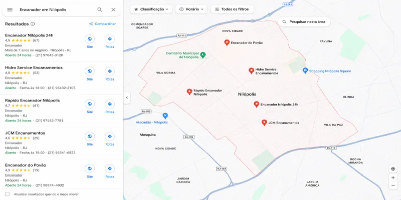 Busca por encanador em Nilópolis no Google Maps