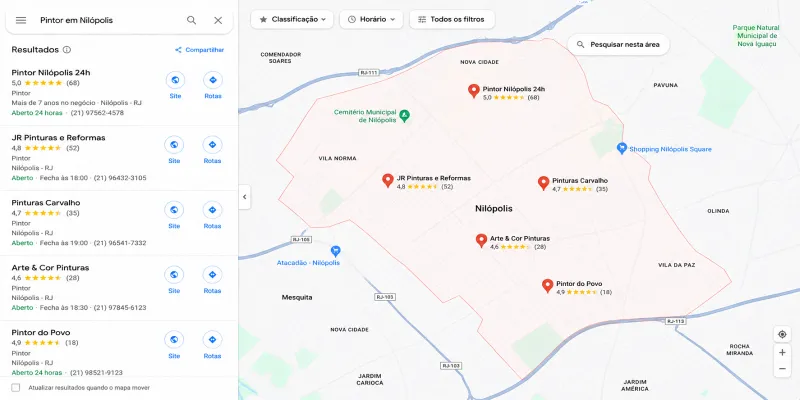 Busca por pintor em Nilópolis no Google Maps