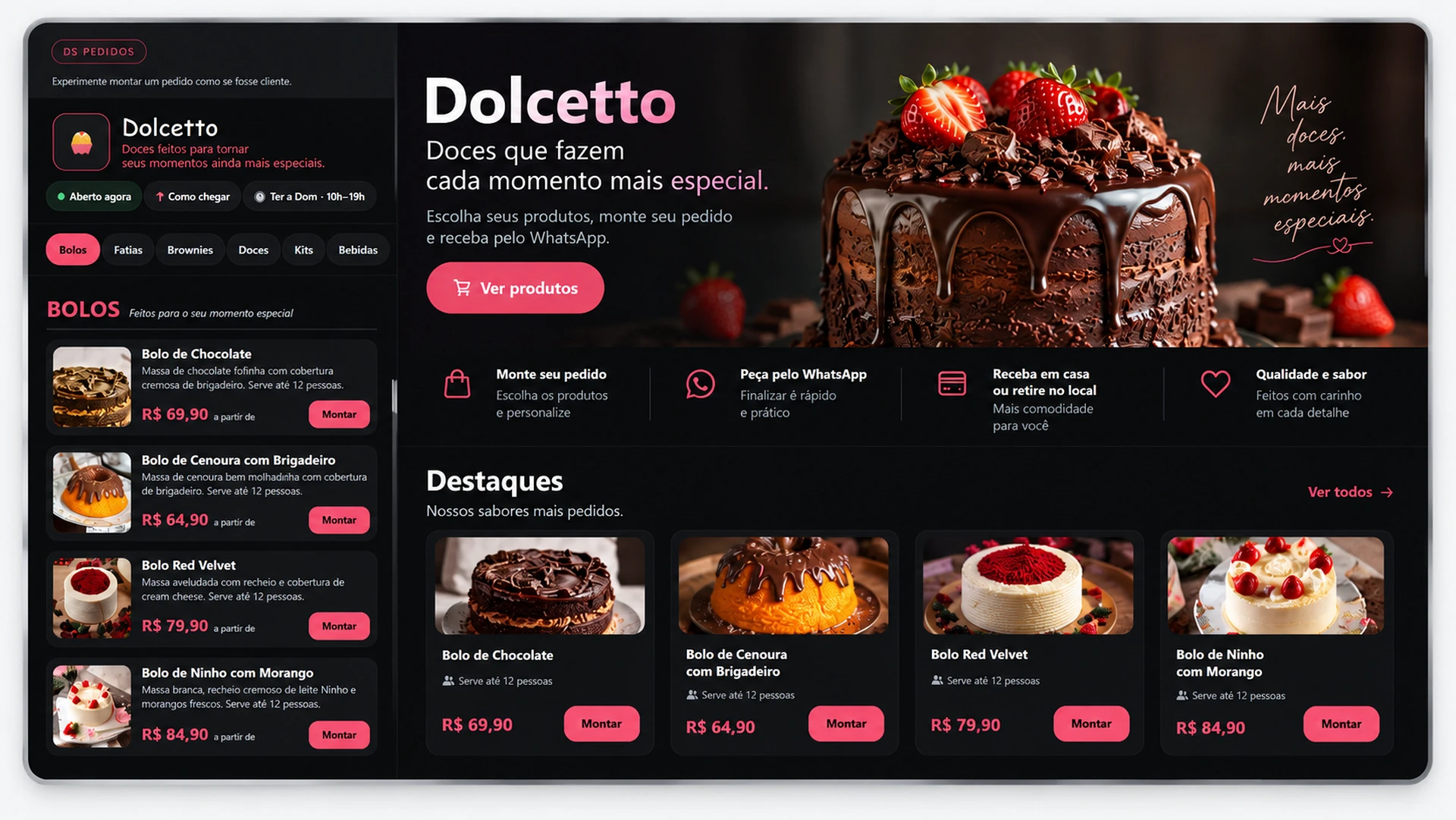 Demonstração do DS Pedidos com o cardápio digital da confeitaria Dolcetto