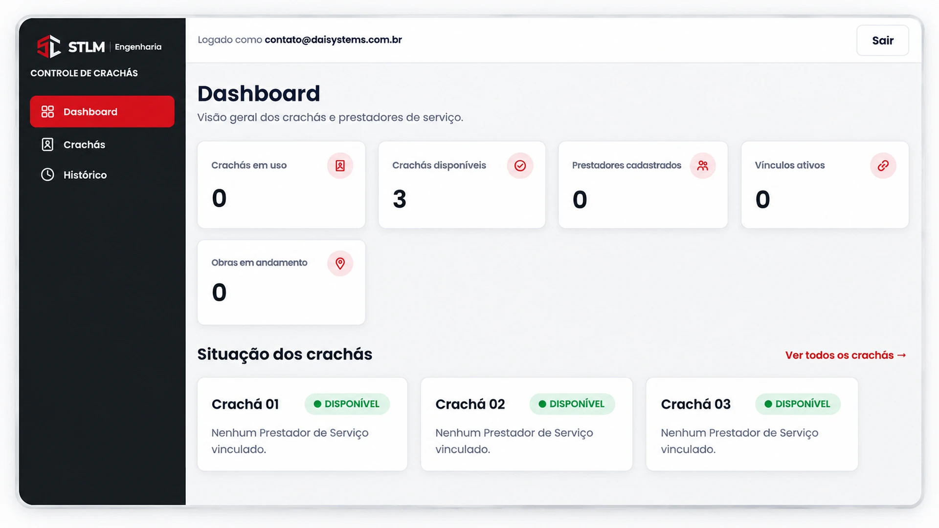 Dashboard do Sistema de Controle de Crachás da STLM Engenharia, com indicadores de crachás e prestadores