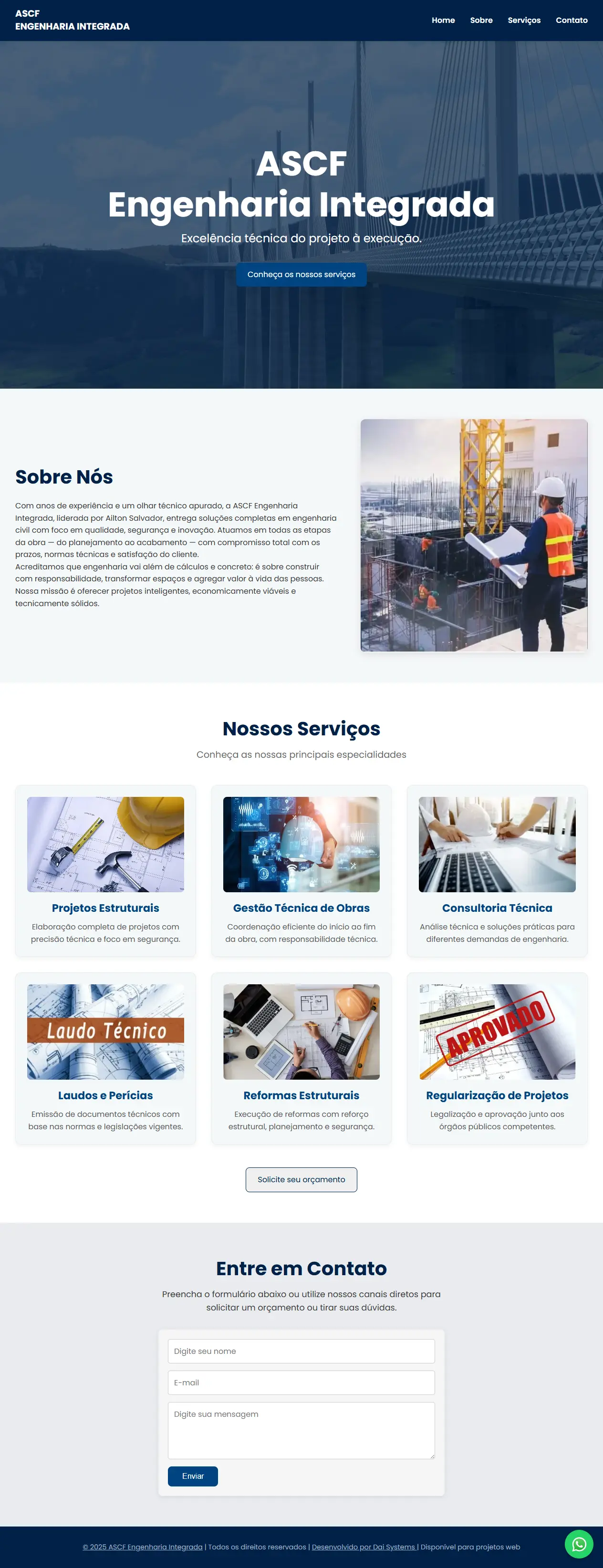 Screenshot do site institucional da ASCF Engenharia